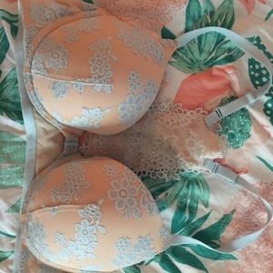 “Nude” + Pastel Blue lace push up bra
